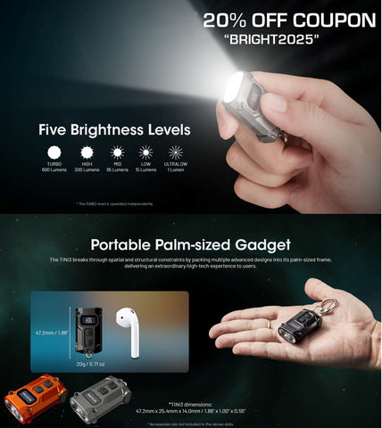 Nitecore TINI3 600 Lumen Keychain Flashlight EDC Muti Color Temperature Warm/Neutral/Cool White Light