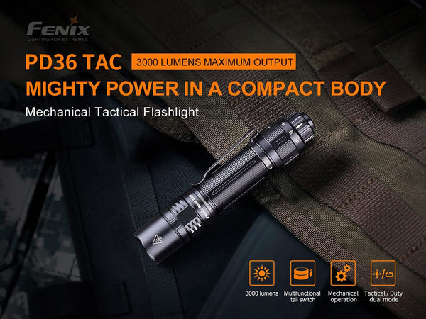 Fenix PD36 TAC 3000 Lumen LED Tactical Flashlight, Battery and Holster –  EdisonBright
