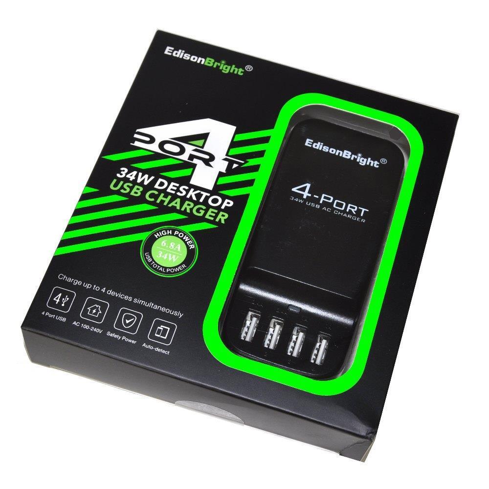 EdisonBright 4 Port EB-4UD (34w 4-Port USB Charging Hub) desktop Multi-Port USB Charger for iPhone 6 / 6 Plus, iPad Air 2 / mini 3, Galaxy S6 / S6 Edge note 4 S30R UM10 UM20 MH20 and More