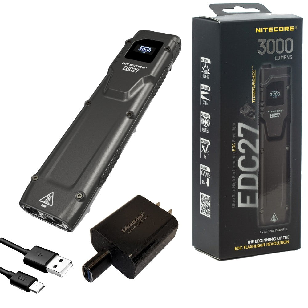 Nitecore EDC27 3000 Lumen USB Rechargeable Slim Body LED Flashlight with EdisonBright Brand Charging Adapter