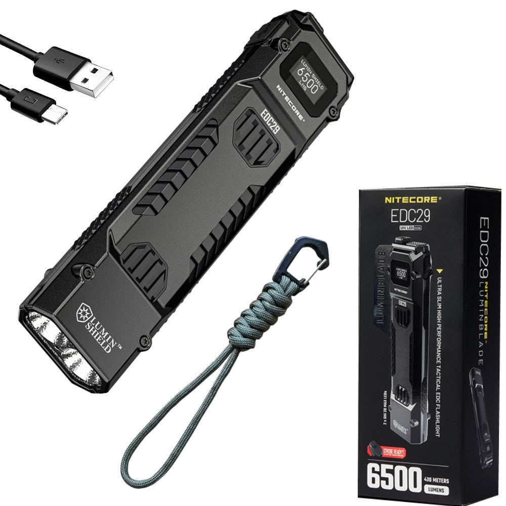 Black flat flashlight with lanyard, USB cable, and Nitecore packaging on a white background