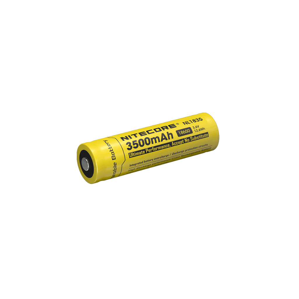 Nitecore NL1835 3500mAh 18650 3.6v 12.6Wh Li-ion rechargeable button-top battery.