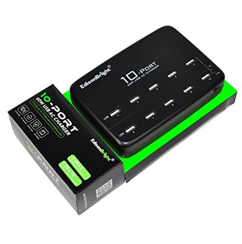 EdisonBright EB-10U 10 Port ETL Certified (60w 10-Port USB Charging Hub) desktop Multi-Port USB Charger for iPhone 6 / 6 Plus, iPad Air 2 / mini 3, Galaxy S6 / S6 Edge note 4 S30R UM20 MH20 and More