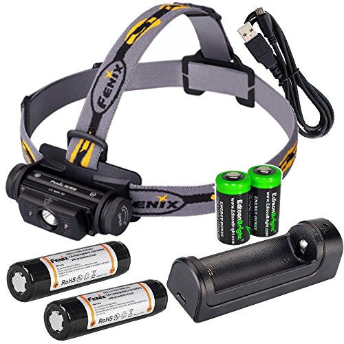 Fenix HL60R 950 Lumen USB rechargeable CREE XM-L2 T6 LED Headlamp, 2 X Fenix 18650 rechargeable Li-ion batteries,ARE-X1 charger with 2 X EdisonBright CR123A back-up batteries bundle