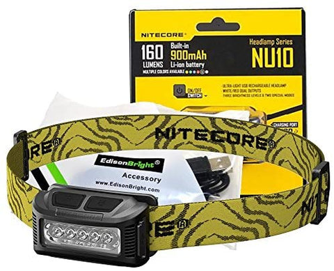 Nitecore NU10 160 Lumen USB rechargeable LED headlamp/worklight and EdisonBright brand USB charging cable bundle