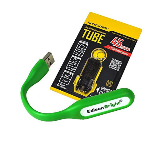 Nitecore TUBE (black) 45 lumen USB rechargeable keychain light and EdisonBright USB powered flexible reading light bundle