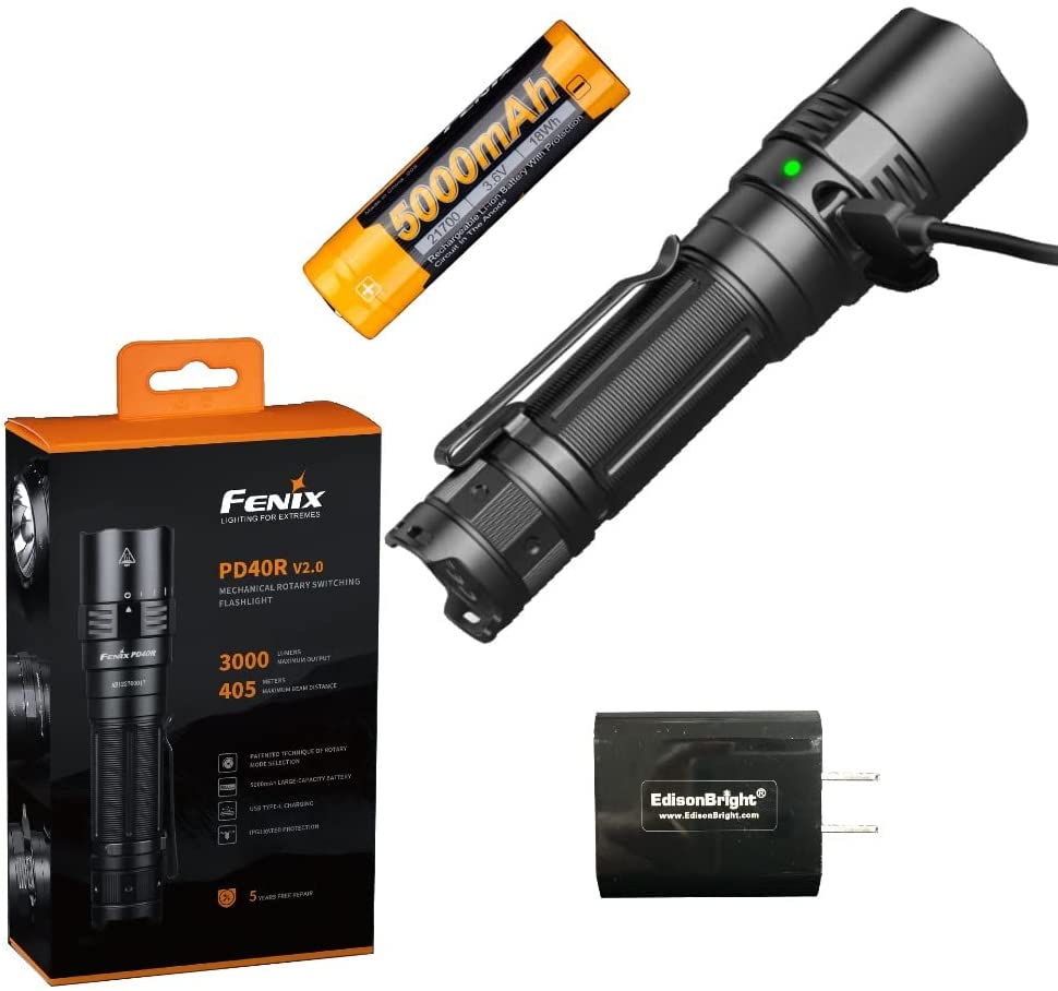 Fenix PD40R V2 USB Rechargeable 3000 Lumen LED Flashlight with, Rechargeable Battery EdisonBright USB Charging Cable Bundle