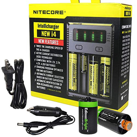 NITECORE i4 Battery Charger for Li-ion/IMR / 18650 16340 RCR123 14500 AA AAA AAAA Types w/Ac and 12V DC (Car) Power Cords, 2 X EdisonBright AA to D Type Battery Spacer/converters