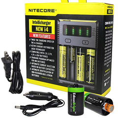 NITECORE i4 Battery Charger for Li-ion/IMR / 18650 16340 RCR123 14500 AA AAA AAAA Types w/Ac and 12V DC (Car) Power Cords, 2 X EdisonBright AA to D Type Battery Spacer/converters