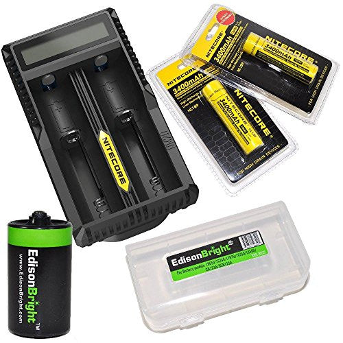 Nitecore UM20 USB powered battery charging system, 2 X Nitecore NL189 3400mAh 18650 li-ion batteries with EdisonBright Battery Box and EdisonBright AA to D Battery converter/spacer