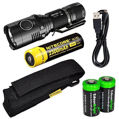 Nitecore MH20 CREE XM-L2 U2 LED 1000 Lumen USB Rechargeable Flashlight, Nitecore NL183 18650 rechargeable Li-ion battery, USB charging cable, Holster 2 X EdisonBright Cr123A lithium batteries bundle