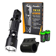 EdisonBright Fenix TK15UE 2016 Version CREE LED 1000 Lumen Tactical Flashlight, Fenix ALG-01 Picatinny/Weaver Weapon Rail Mount and Two CR123A Lithium Batteries Bundle