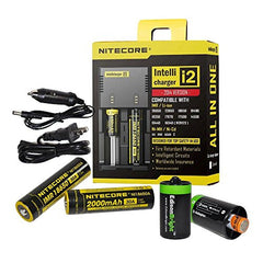 Nitecore i2 universal home/in-car smart battery charger, Two Nitecore IMR 18650 NI18650A 2000mAH rechargeable batteries with 2 X EdisonBright AA to D type battery spacer/converters