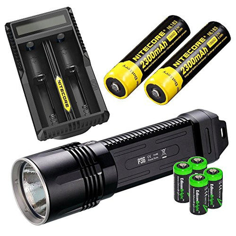 NITECORE P36 2000 Lumen CREE MT-G2 neutral white LED tactical flashlight 2 X Genuine Nitecore NL183 18650 Li-ion rechargeable batteries, Nitecore UM20 USB powered Charger and four EdisonBright CR123A Lithium Batteries