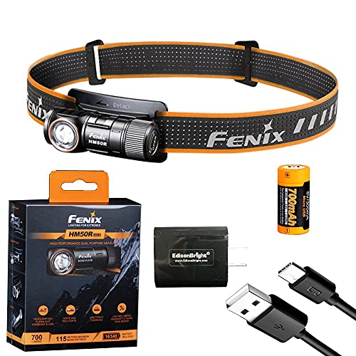 Fenix HM50R V2 700 Lumen USB-C Rechargeable White/red LED Multipurpose Headlamp with EdisonBright USB Charging Adapter Bundle