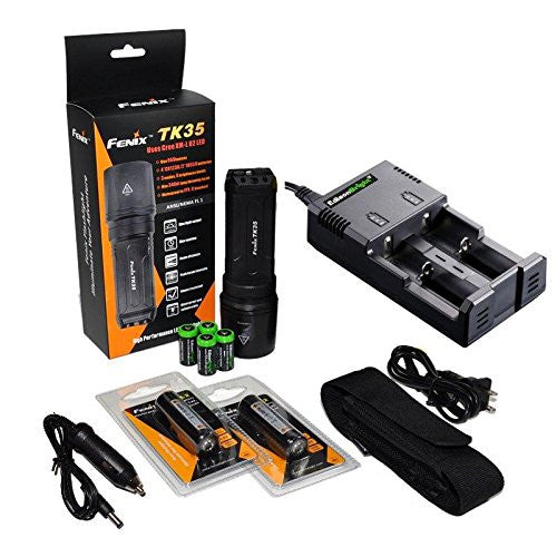 FENIX TK35 U2 860 Lumen Tactical LED Flashlight with 2 x Fenix ARB-L2 2600mAh 18650 Li-ion rechargeable batteries, 4 X EdisonBright CR123A Lithium batteries, EdisonBright 2 bay Smart Battery Charger, in-car adapter, Holster & Lanyard bundle