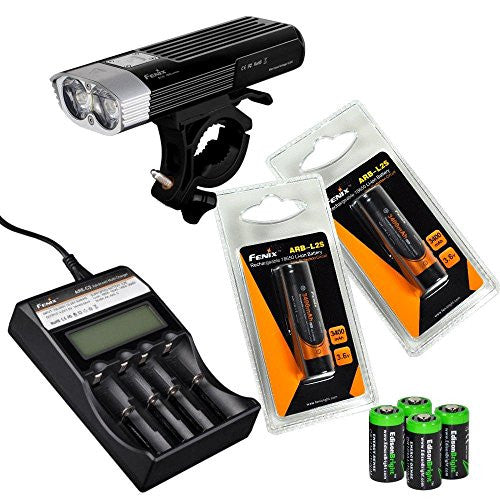 Fenix BC30 1800 lumen Dual Distance Beam Cree XM-L2 T6 LED 5 Mode Bike Bicycle Light with Pressure switch, mount, Fenix ARE-C2 Battery Charger, 2 X Fenix ARB-L2S 18650 rechargeable batteries and 4 X EdisonBright CR123 Batteries bundle