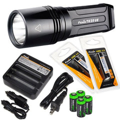 FENIX TK35 UE 2015 version (TK35 Ultimate Edition) 2000 Lumen CREE XHP 50 LED Tactical Flashlight with 2 x Fenix ARB-L2 2600mAh Li-ion rechargeable batteries, 4 X EdisonBright CR123A Lithium batteries, Fenix ARE-C1 18650 batery charger, in-car Charger