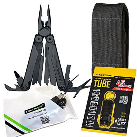 Leatherman Wave black multi-tool 830246, Black Molle sheath, Nitecore TUBE (black) rechargeable USB LED keychain light with EdisonBright USB cable bundle