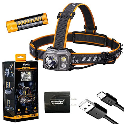 Fenix HP25R V2 1600 Lumen USB-C Rechargeable CREE LED Headlamp, Fenix Rechargeable Battery with EdisonBright USB Charging Adapter Bundle