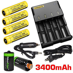 Nitecore Sysmax Intellicharge i4 Four Bays universal home/in-car battery charger, Four Nitecore 18650 NL189 Li-ion 3400mAh rechargeable batteries with 2 X EdisonBright AA to D type battery spacer/converters