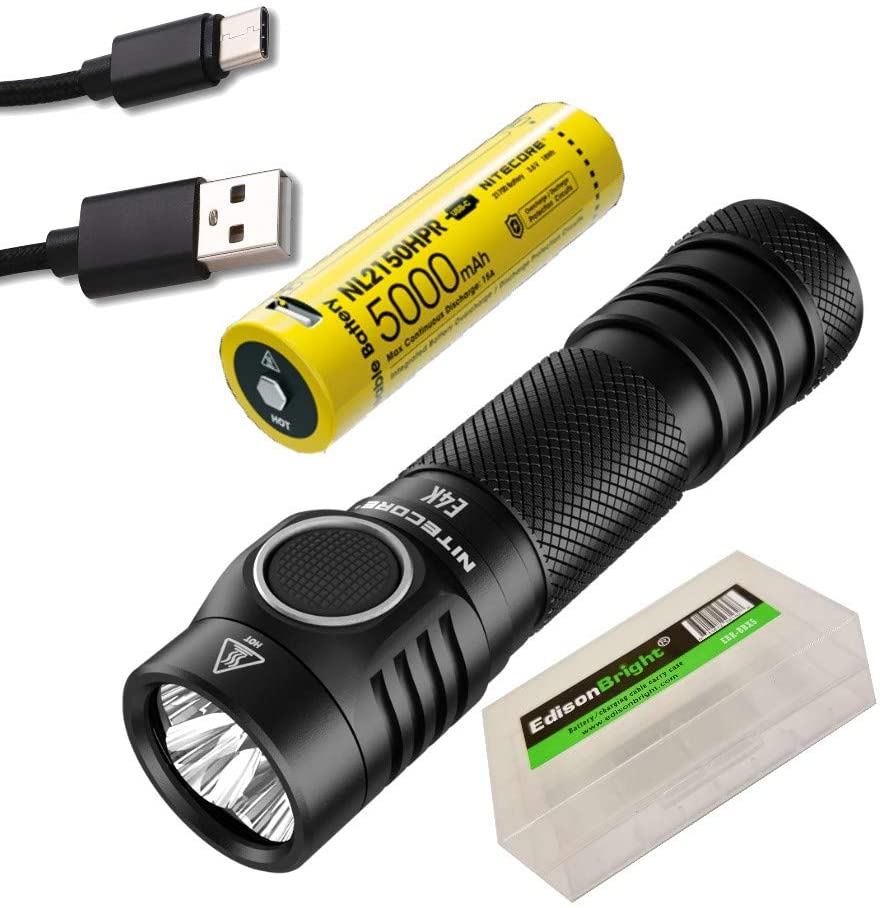 Nitecore E4K 4400 Lumen high powered Flashlight with 5000 mAh rechargeable Battery and EdisonBright battery carrying Case bundle