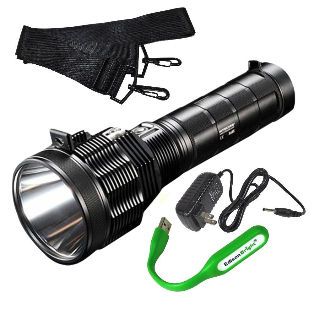 EdisonBright Nitecore TM38 1531 Yards Beam Throw 1800 Lumen LED Rechargeable Battery Flashlight/Searchlight USB Powered Reading Light Bundle