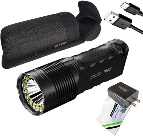 Nitecore TM20K 20,000 Lumen Rechargeable LED Flashlight with EdisonBright Brand Charging Adapter Bundle