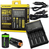 Nitecore D4 smart Charger 2015 version with LCD Display with 12V DC Cable & 2X EdisonBright AA to D Battery Converter Spacers