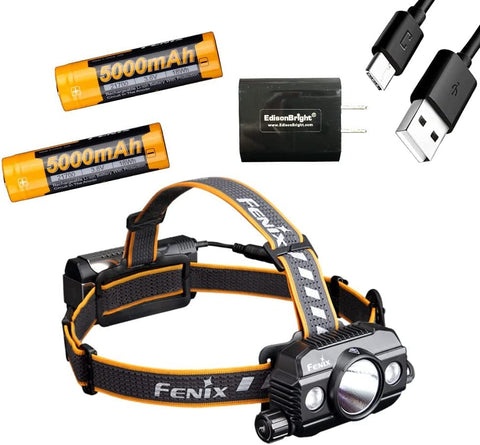 Fenix HP30R V2 3000 Lumen USB-C Rechargeable LED Headlamp, 2 X Fenix Rechargeable Batteries with EdisonBright USB Charging Adapter Bundle