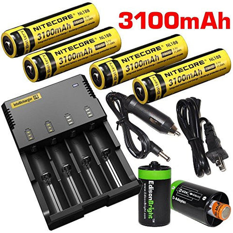 Nitecore Sysmax i4 Four Bays universal home/in-car battery charger, Four Nitecore 18650 NL188 3100mAH rechargeable Li-ion batteries with 2 X EdisonBright AA to D type battery spacer/converters