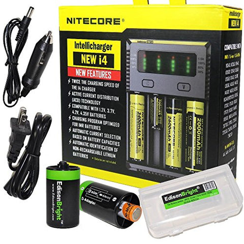 NITECORE New i4 battery Charger For Li-ion / IMR / Ni-MH/ Ni-Cd 18650 18350 16340 RCR123 14500 AA AAA D C w/ Ac and 12V DC (Car) power cords, EdisonBright BBX3 battery box, 2 X AA to D type batteries