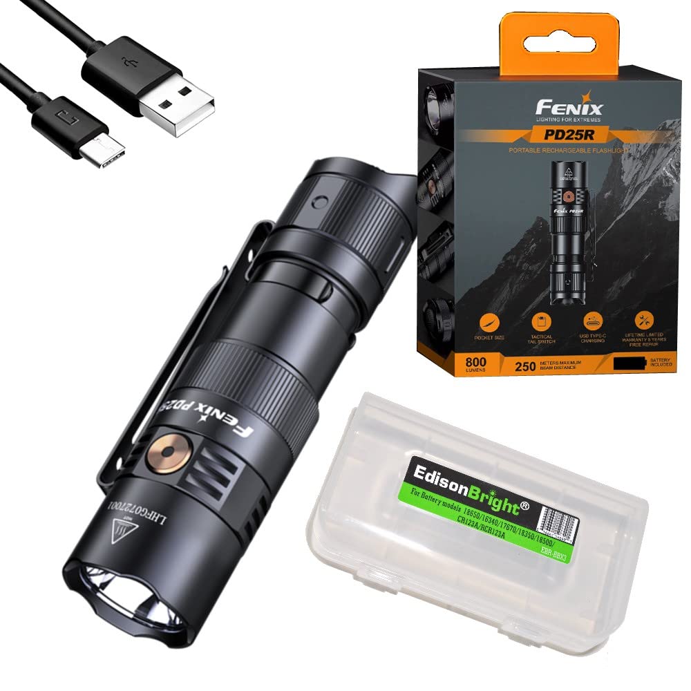 Fenix PD25R 800 Lumen LED Flashlight, Battery and EdisonBright Acc Carrying case Bundle