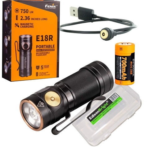 Fenix E18R 750 Lumen CREE LED USB rechargeable EDC/keychain Flashlight EdisonBright BBX3 battery carry case bundle