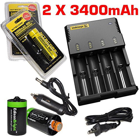 Nitecore Sysmax Intellicharge i4 , Four Bays universal home/in-car battery charger, Two Nitecore 18650 NL189 3400mAH rechargeable batteries with with 2 X EdisonBright AA to D type battery spacer/converters