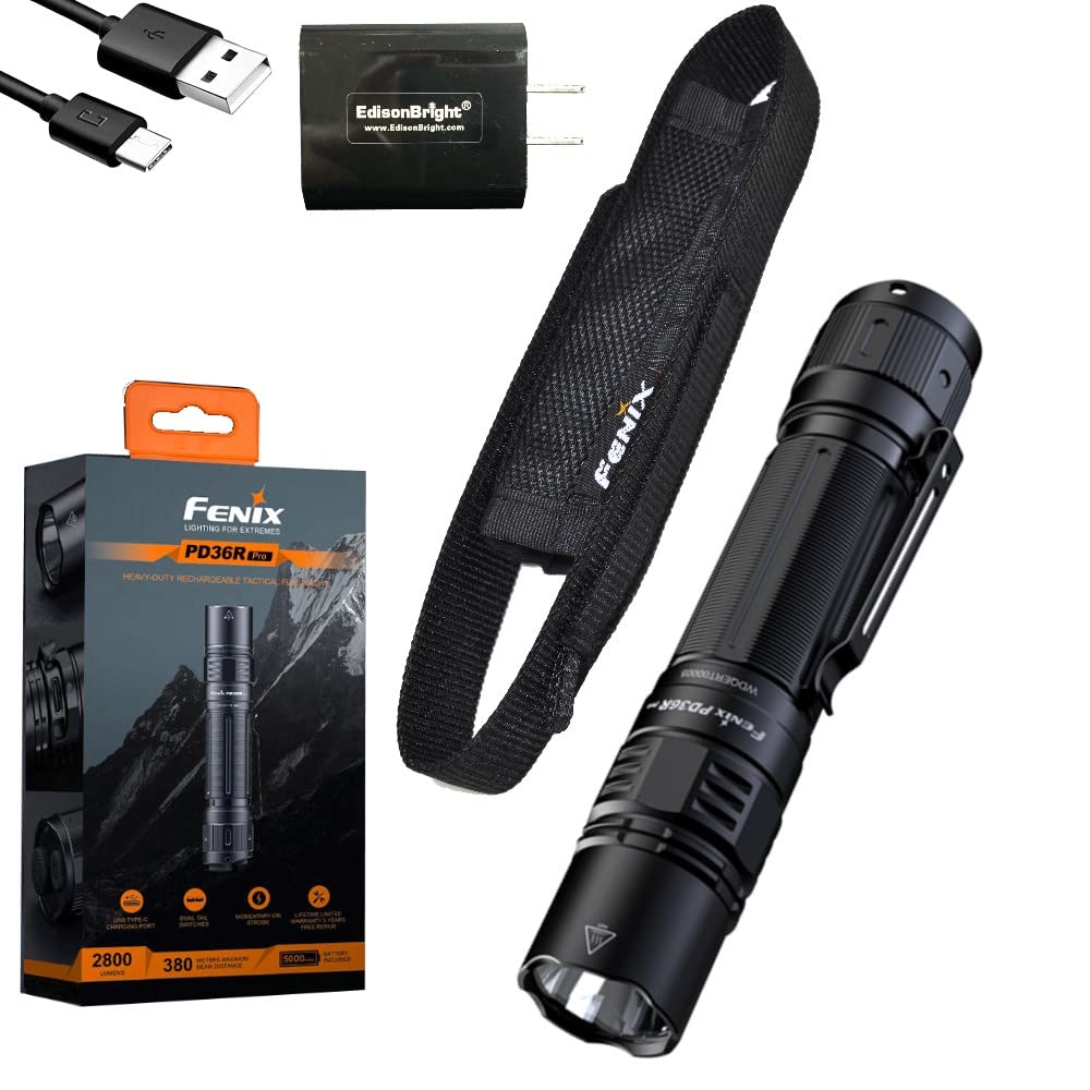 Fenix PD36R Pro 2800 Lumen Rechargeable LED Tactical Flashlight, EdisonBright USB Charging Adapter Bundle