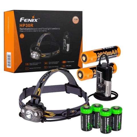 Fenix HP30R 1750 Lumen CREE LED Headlamp (Black color body) 2 X Fenix Li-ion rechargeable batteries and Four EdisonBright CR123A Lithium batteries bundle