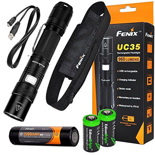 FENIX UC35 USB Rechargeable 1000 Lumen Cree XM-L2 U2 multi battery type compatible LED Flashlight with, 3200mAh rechargeable battery, USB charging cable and 2 X EdisonBright lithium CR123A back-up batteries bundle