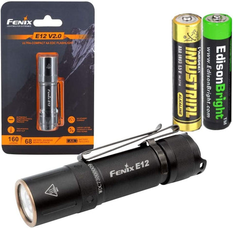 Fenix E12 V2 160 Lumen LED flashlight with EdisonBright AA alkaline battery bundle