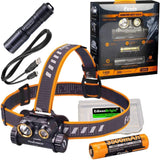 Fenix HM65R 1400 lumen dual beam LED Headlamp, high capacity rechargeable battery, E01 V2 mini flashlight with EdisonBright battery carry case gift bundle