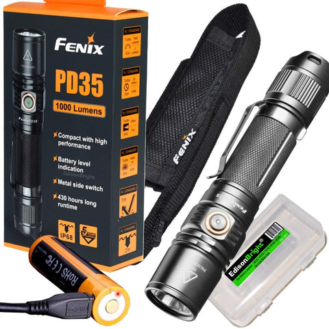 Fenix PD35 V2.0 2018 upgrade 1000 Lumen Flashlight rechargeable bundle with Fenix USB Rechargeable li-ion Battery & EdisonBright battery carry case