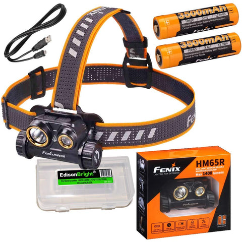 Fenix HM65R dual beam 1400 lumen LED Headlamp, 2 X high capacity batteries with EdisonBright battery carry case bundle