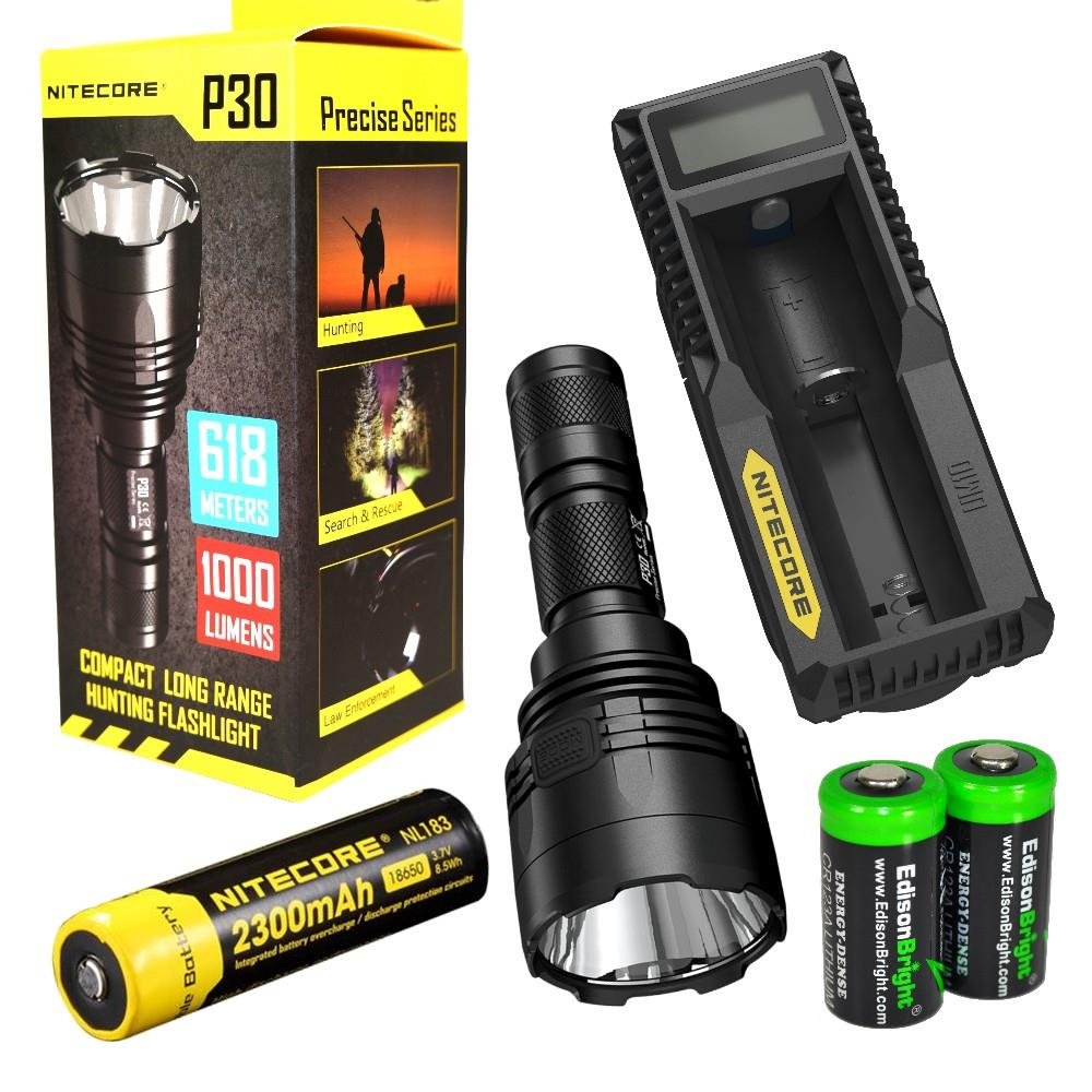 Nitecore New P30 1000 Lumen long beam 676 Yard LED Flashlight with rechargeable Battery and EdisonBright battery carrying cases Bundle