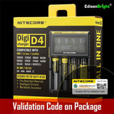 Nitecore D4 4 Slot Smart Battery Charger for Li-ion, IMR, LiFePO4 26650 18650 18350 16340 RCR123 14500 Ni-MH Ni-Cd AA AAA AAAA C Batteries w/ 8 x EdisonBright Ni-MH Rechargeable AA Batteries Bundle