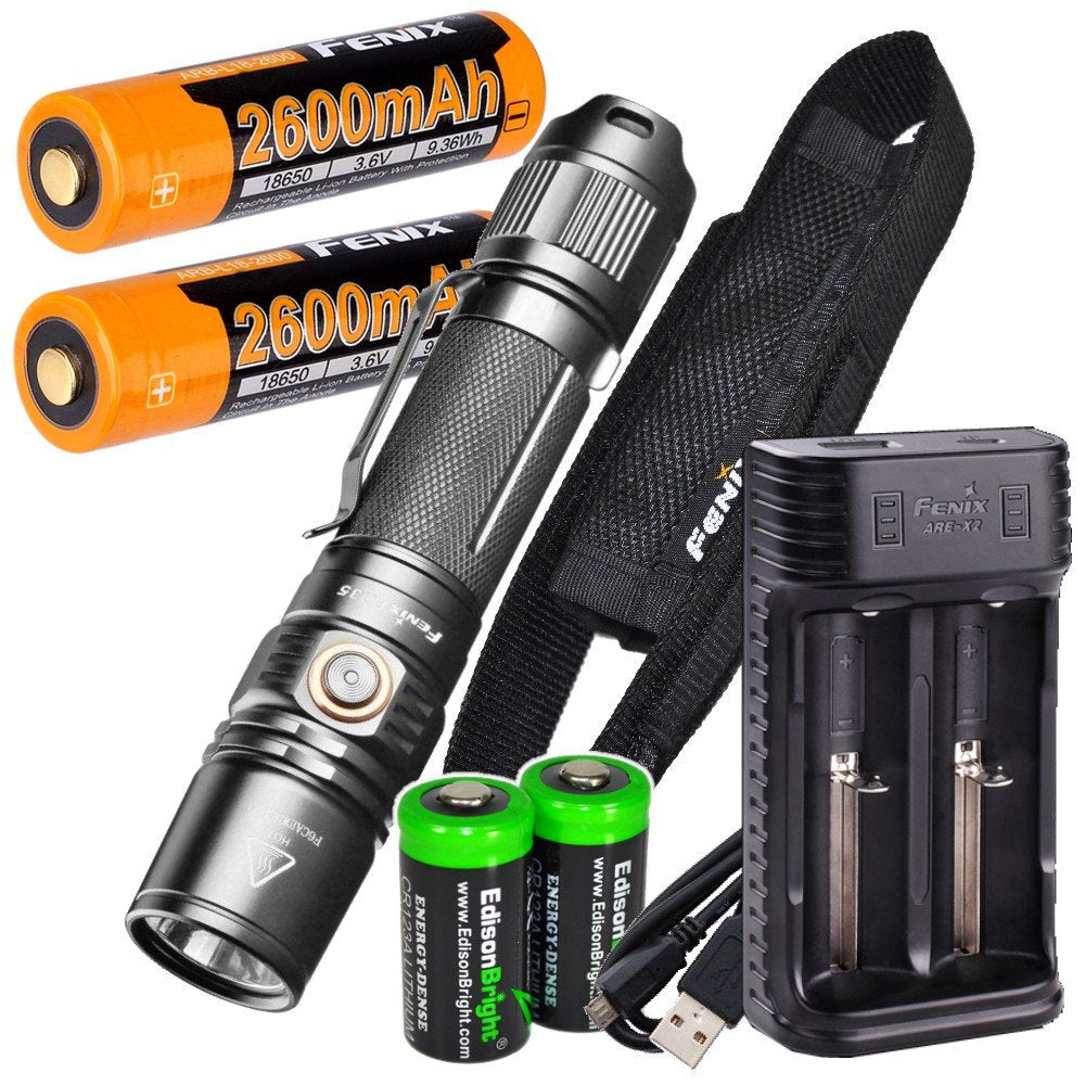 Fenix PD35 V2.0 1000 Lumen 2018 Tactical Flashlight with 2 X Rechargeable Batteries, are-X2 Charger and 2 X EdisonBright CR123A Batteries