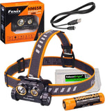 Fenix HM65R 1400 lumen dual beam LED Headlamp, high capacity rechargeable battery, E01 V2 mini flashlight with EdisonBright battery carry case gift bundle