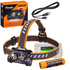 Fenix HM65R 1400 lumen dual beam LED Headlamp, high capacity battery with EdisonBright battery carry case bundle