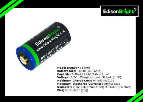 2-Pack EdisonBright 16340 RCR123A Rechargeable Li-ion Batteries - 650mAh With Box