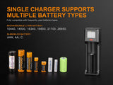 Fenix are-D1 USB Powered Smart Battery Charger for 21700/18650/16340 with EdisonBright BBX5 Battery Carry case