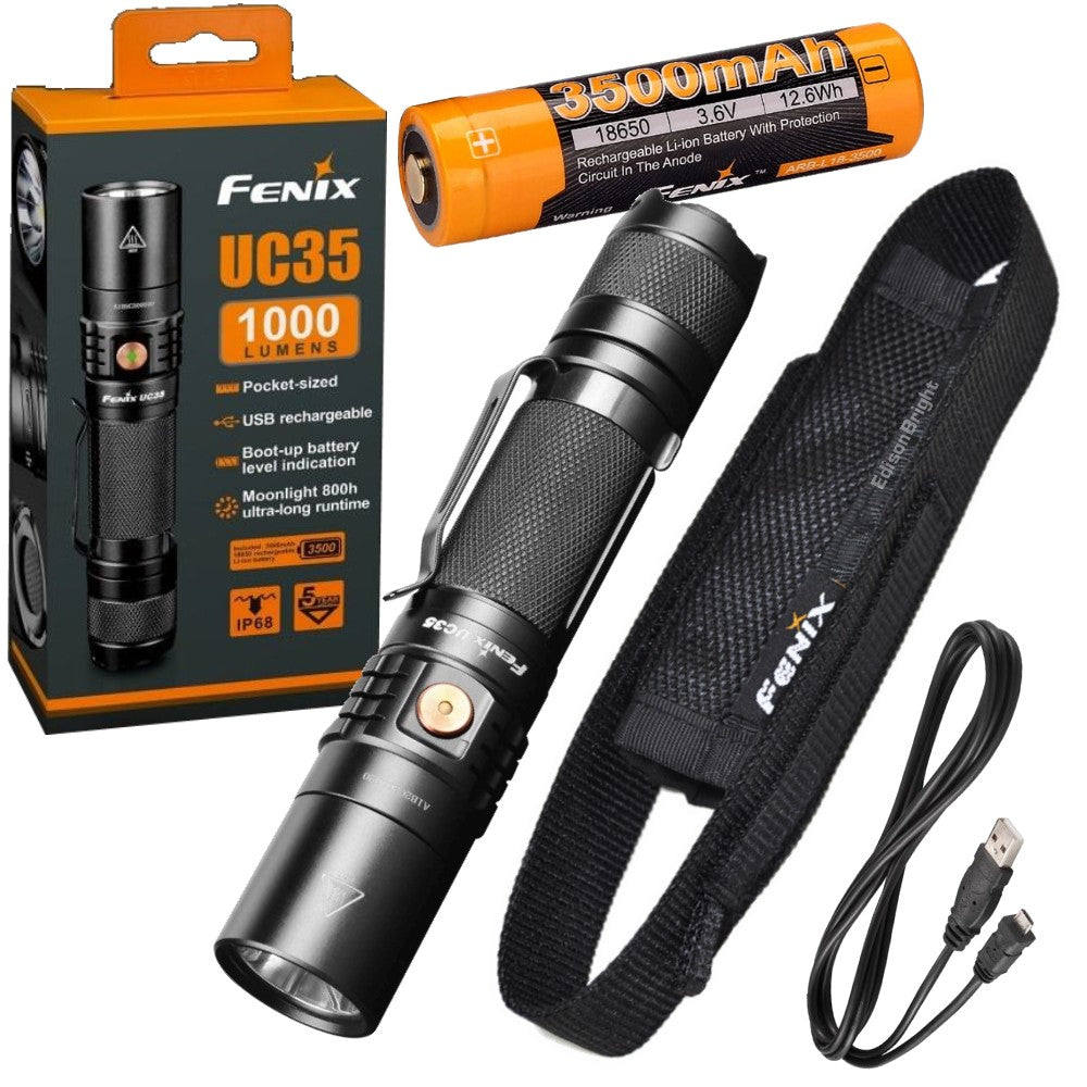 FENIX UC35 V2.0 USB Rechargeable 1000 Lumen CREE LED Flashlight with 3500mAh rechargeable battery, USB charging cable